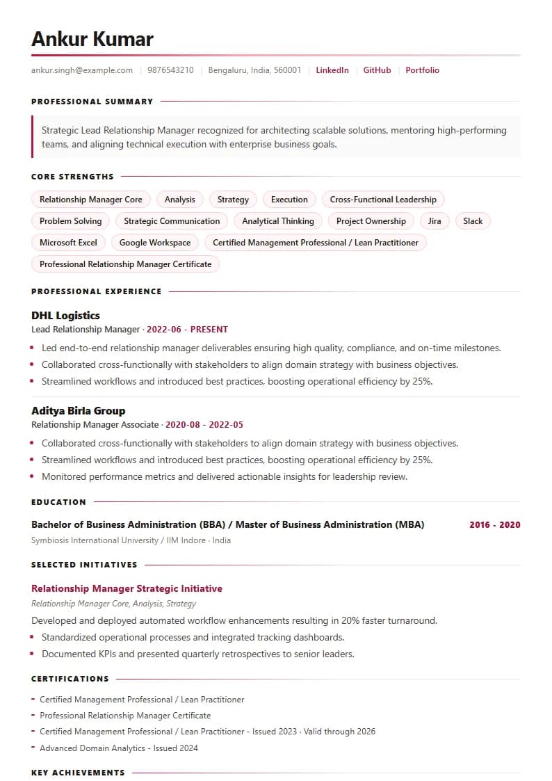 Lead Relationship Manager Resume Example using Corporate Elite Resume template layout