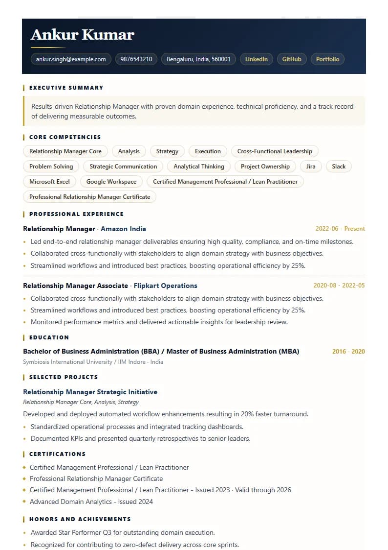 Relationship Manager Resume Example using Compact Professional Azure template layout