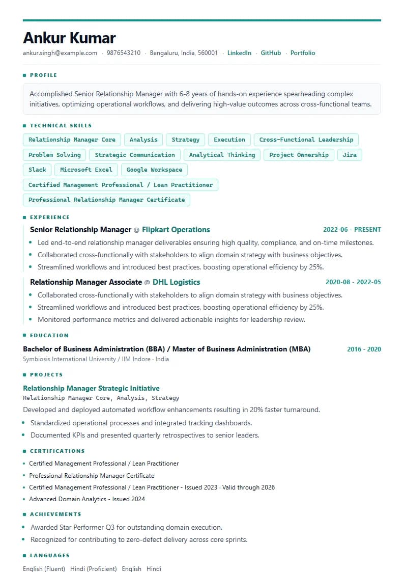 Senior Relationship Manager Resume Example using Modern Professional template layout