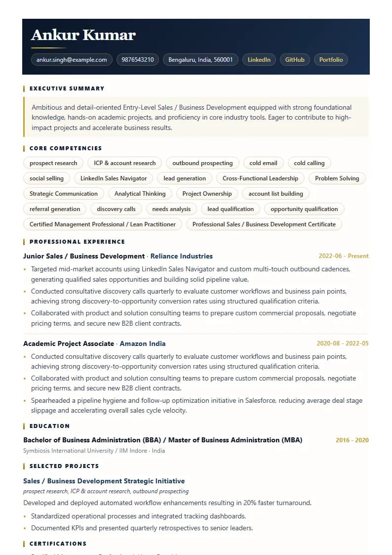 Entry-Level Sales / Business Development Resume Example using Mercator Marketing Executive template layout