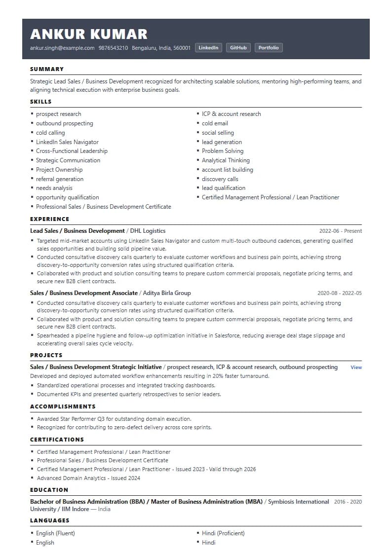 Lead Sales / Business Development Resume Example using Compact Professional Azure template layout