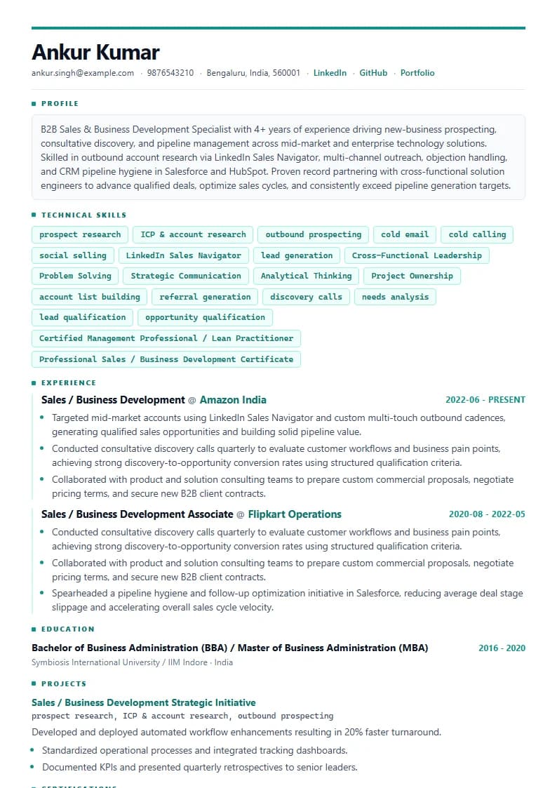 Sales / Business Development Resume Example using Crisp Column Slate template layout