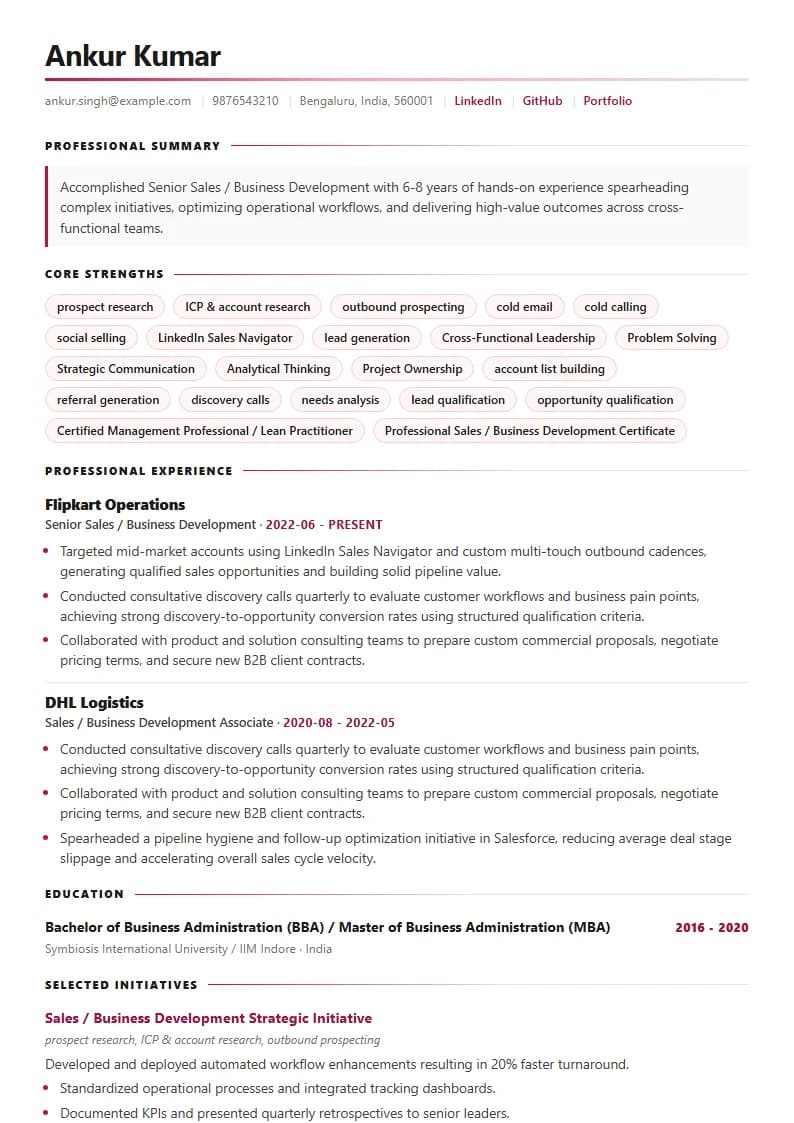 Senior Sales / Business Development Resume Example using Timeless Serif Classic template layout