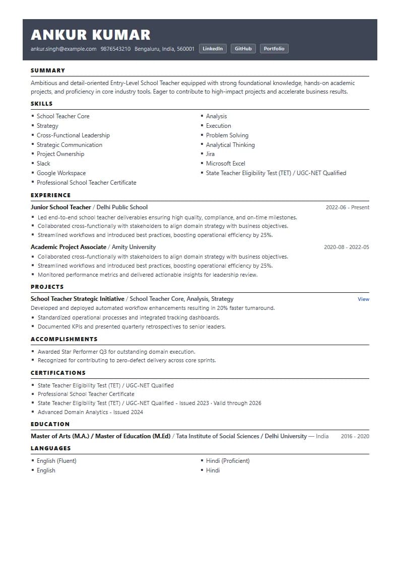 Entry-Level School Teacher Resume Example using Timeless Serif Classic template layout