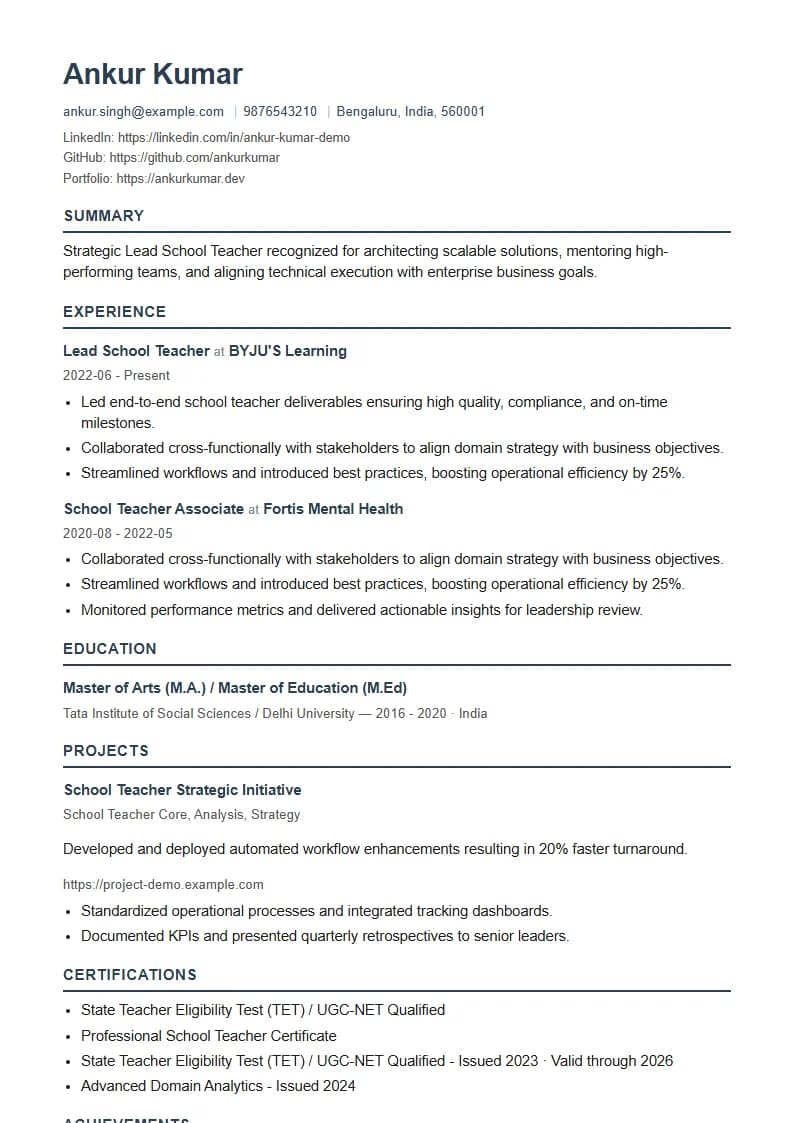 Lead School Teacher Resume Example using Corporate Elite Resume template layout