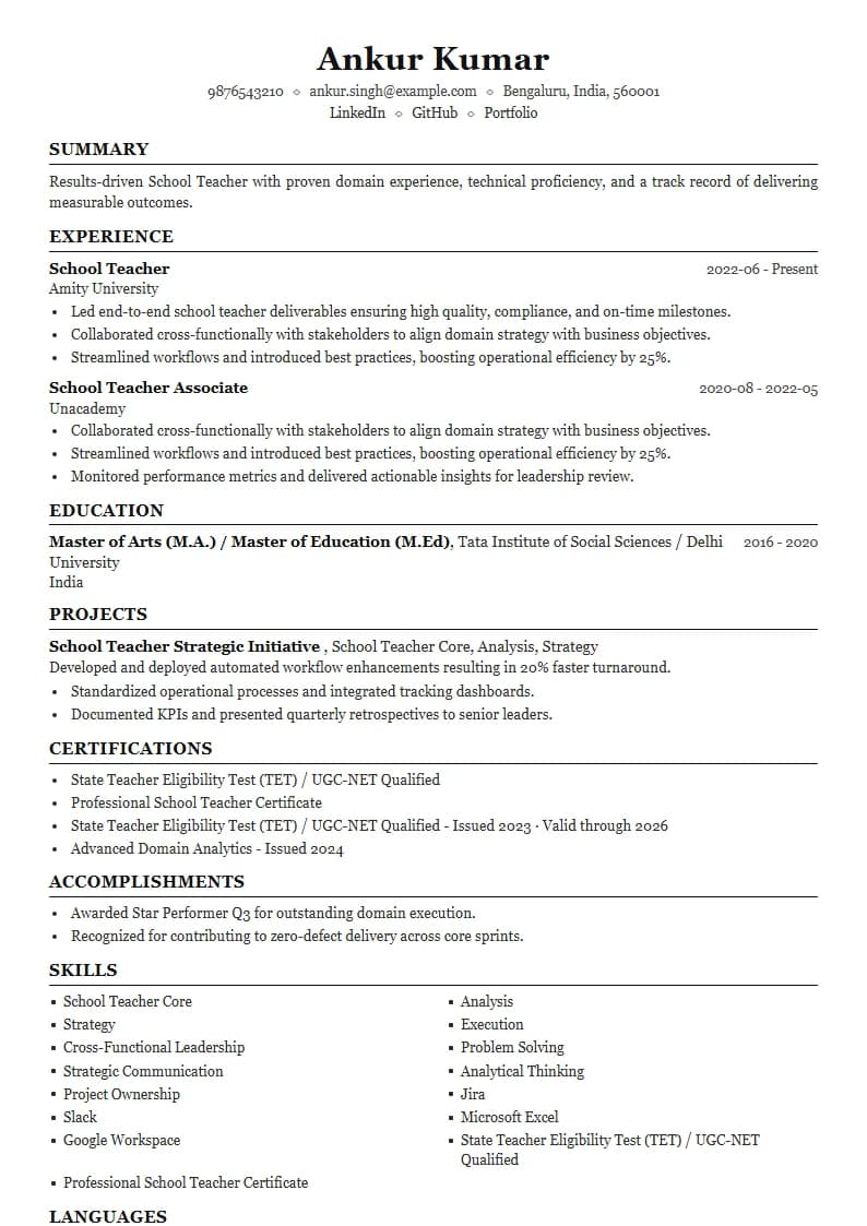 School Teacher Resume Example using Compact Professional Azure template layout