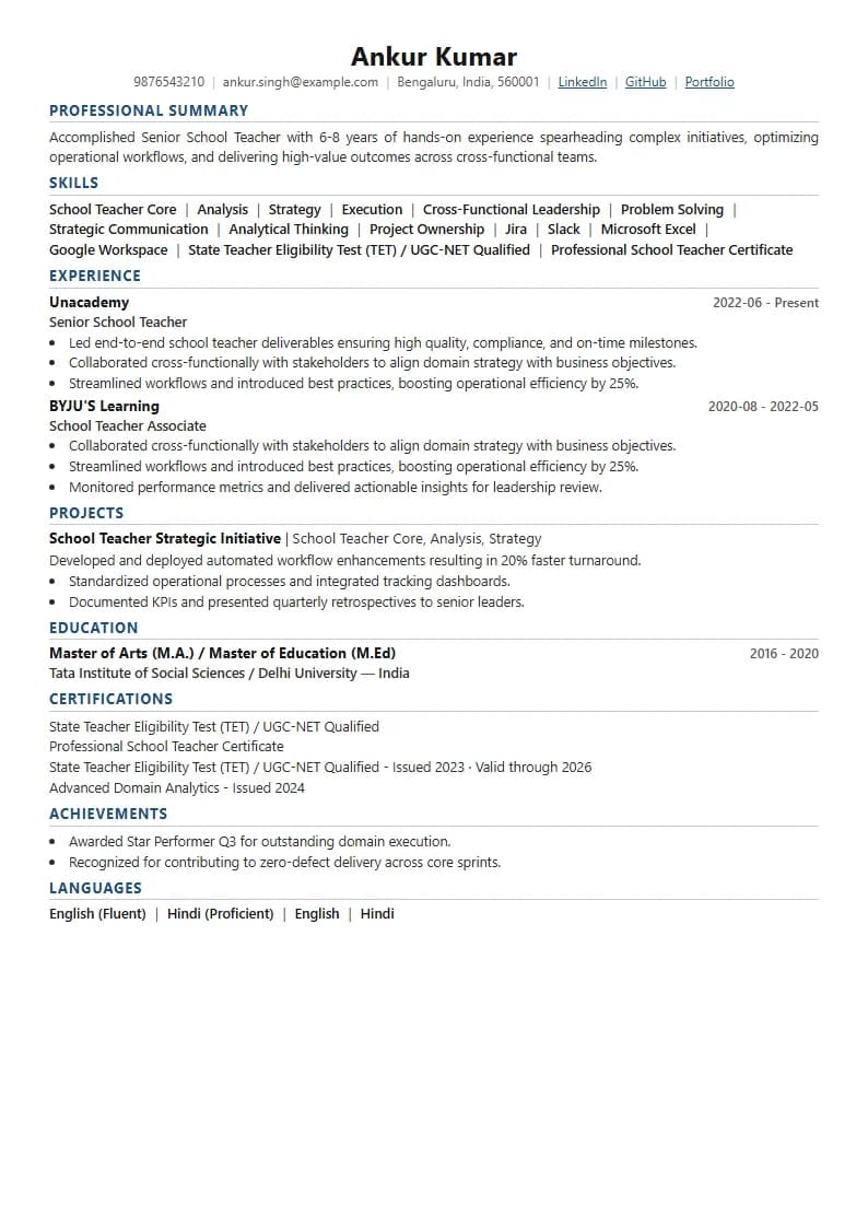 Senior School Teacher Resume Example using Modern Professional template layout