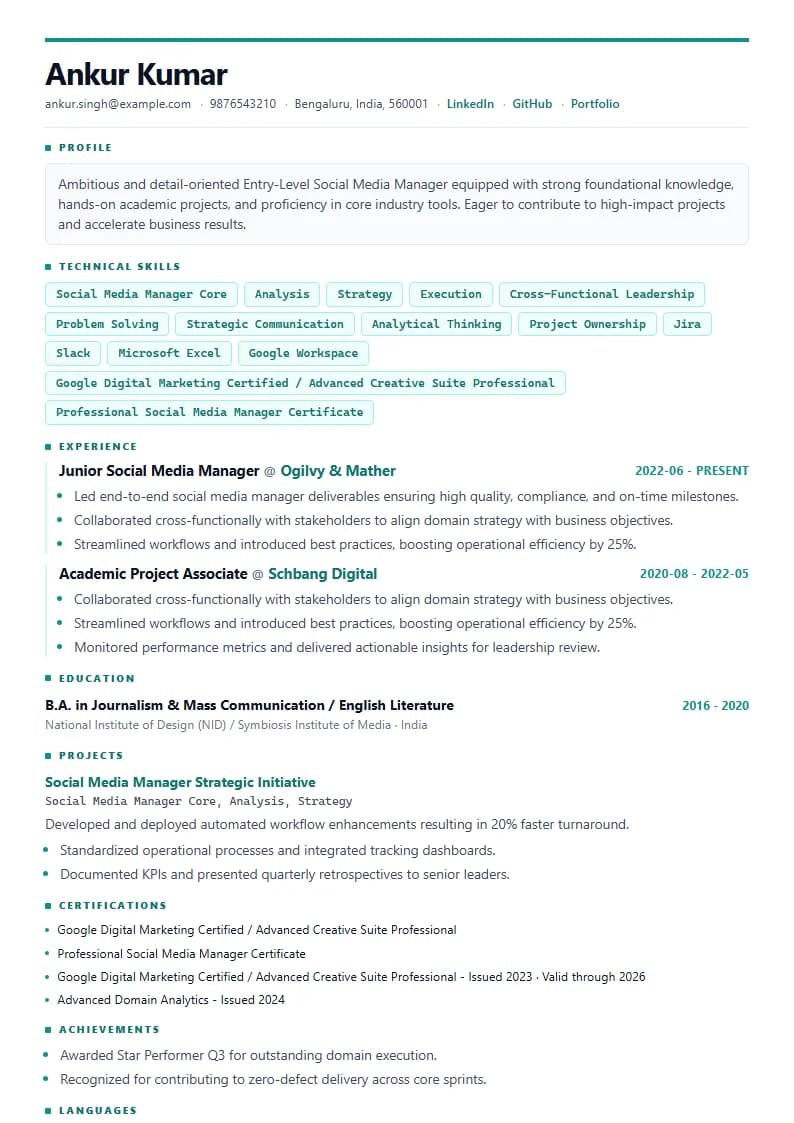 Entry-Level Social Media Manager Resume Example using Executive Onyx Gold template layout