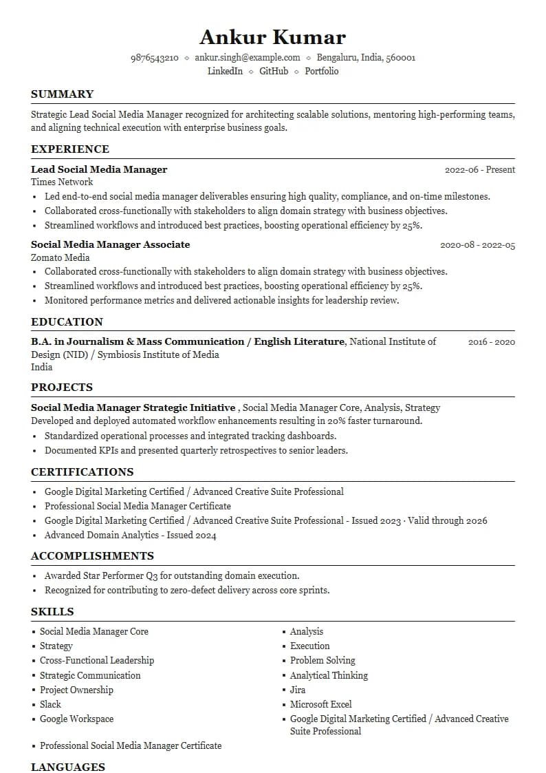 Lead Social Media Manager Resume Example using Crisp Column Slate template layout
