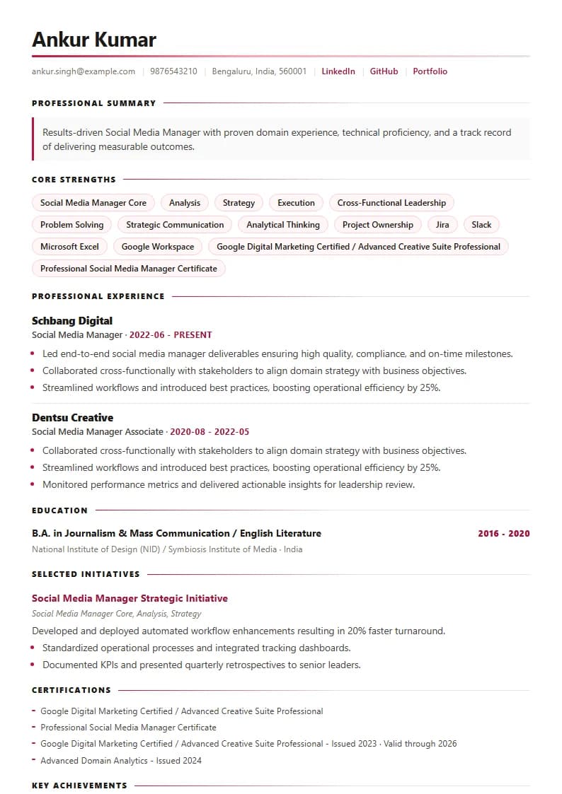 Social Media Manager Resume Example using Silicon Teal Meridian template layout