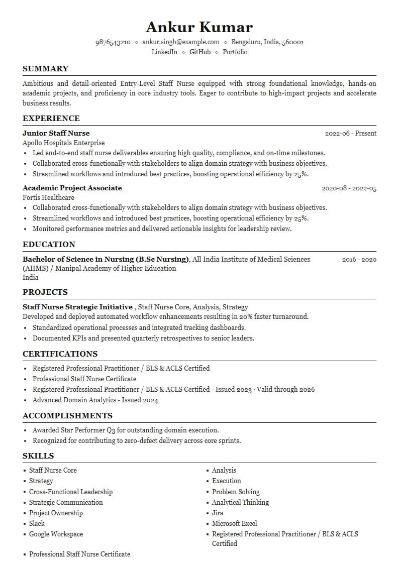 Entry-Level Staff Nurse Resume Example using Mercator Marketing Executive template layout