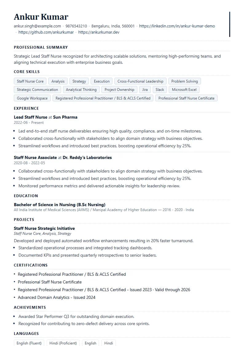 Lead Staff Nurse Resume Example using Compact Professional Azure template layout