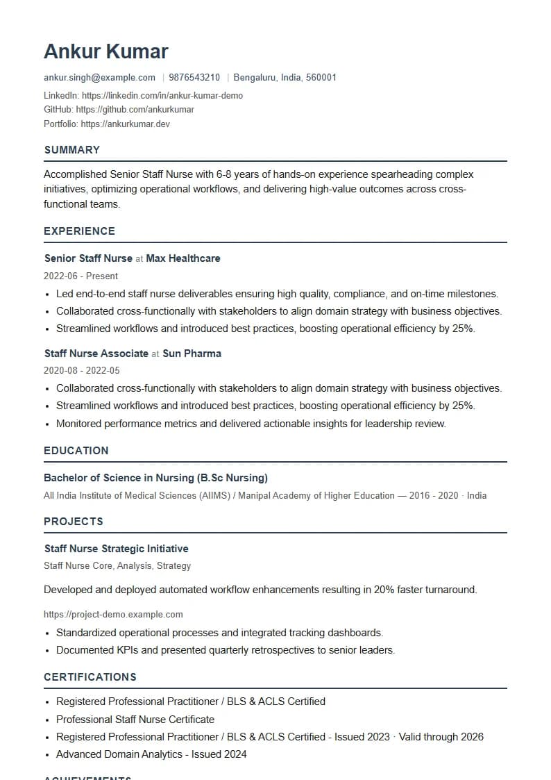 Senior Staff Nurse Resume Example using Timeless Serif Classic template layout