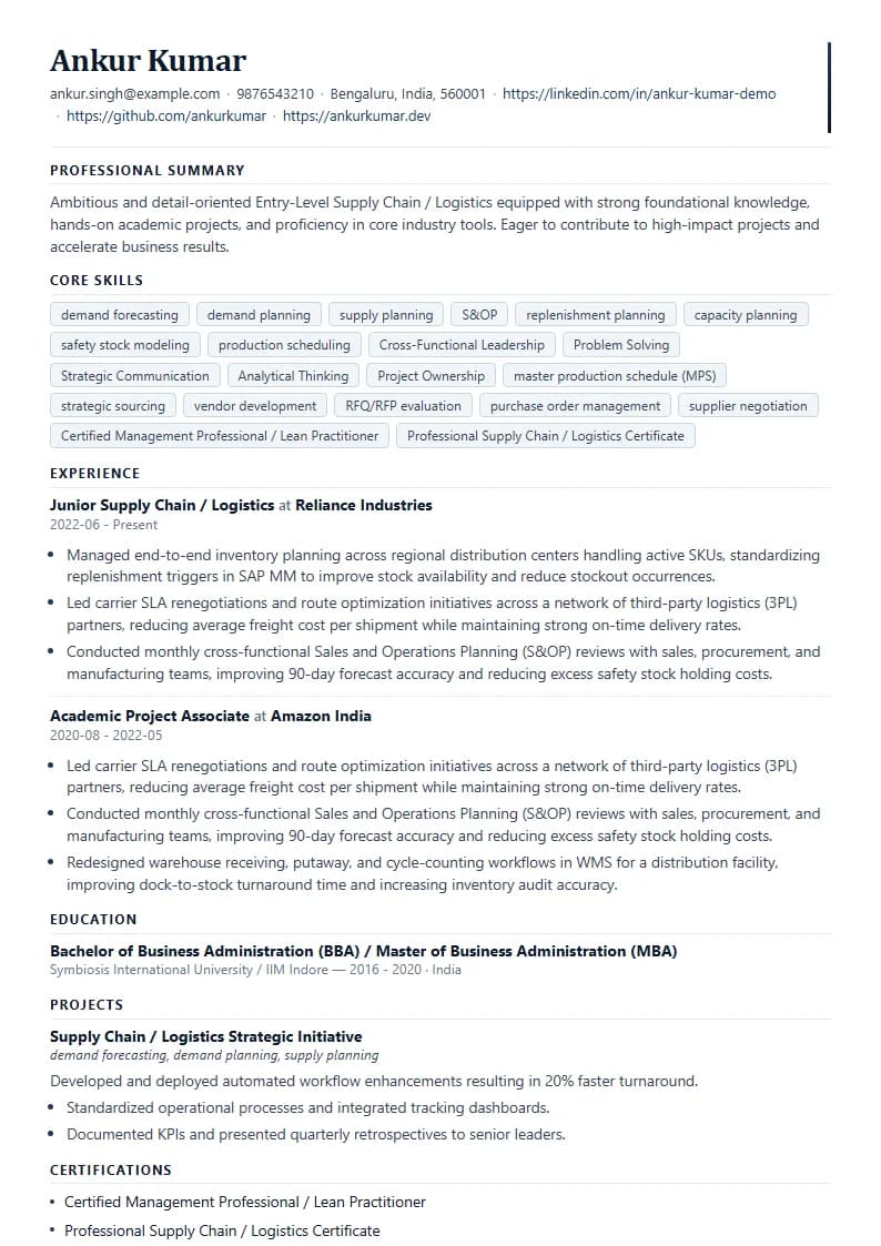 Entry-Level Supply Chain / Logistics Resume Example using Timeless Serif Classic template layout