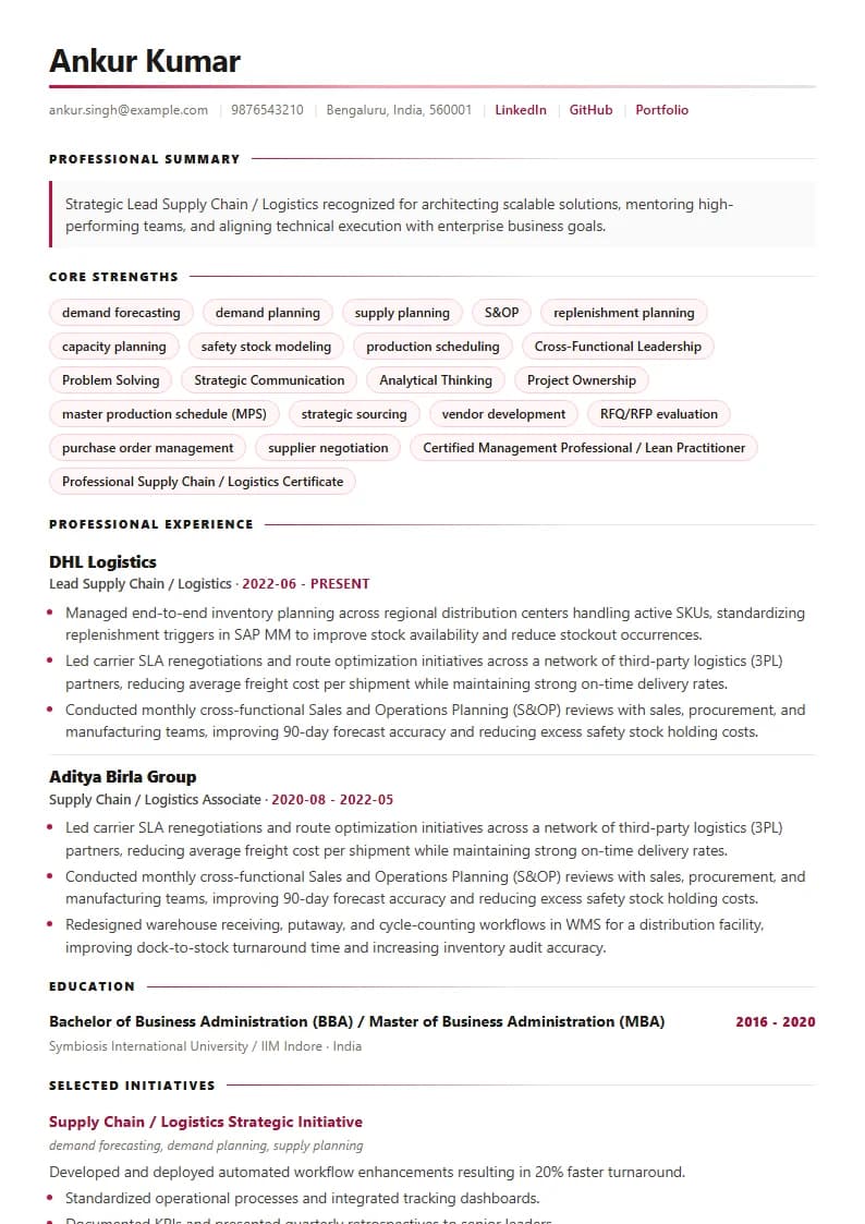 Lead Supply Chain / Logistics Resume Example using Corporate Elite Resume template layout