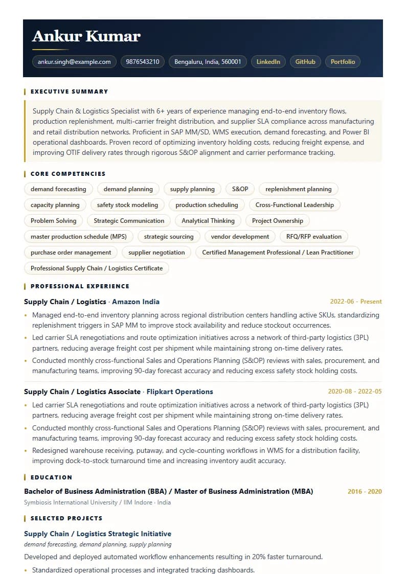 Supply Chain / Logistics Resume Example using Compact Professional Azure template layout