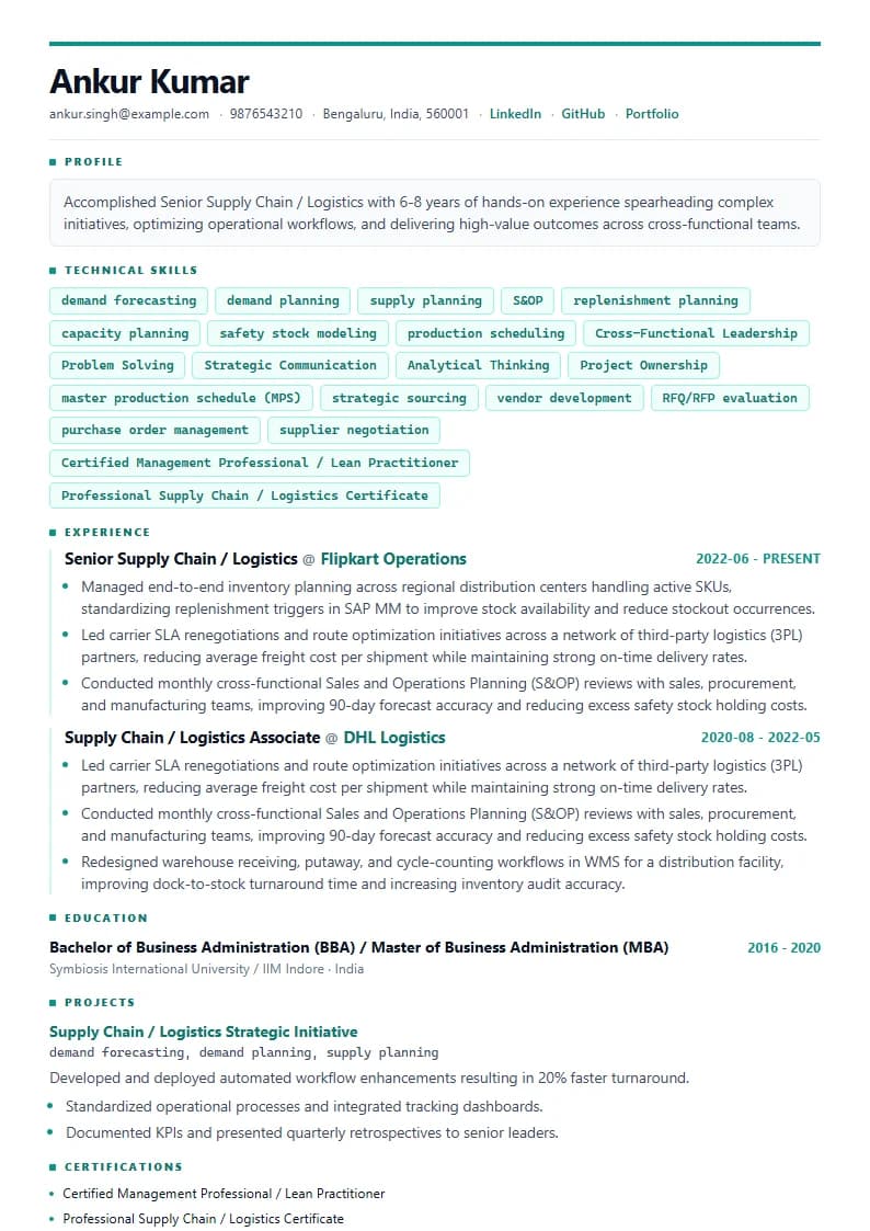 Senior Supply Chain / Logistics Resume Example using Modern Professional template layout