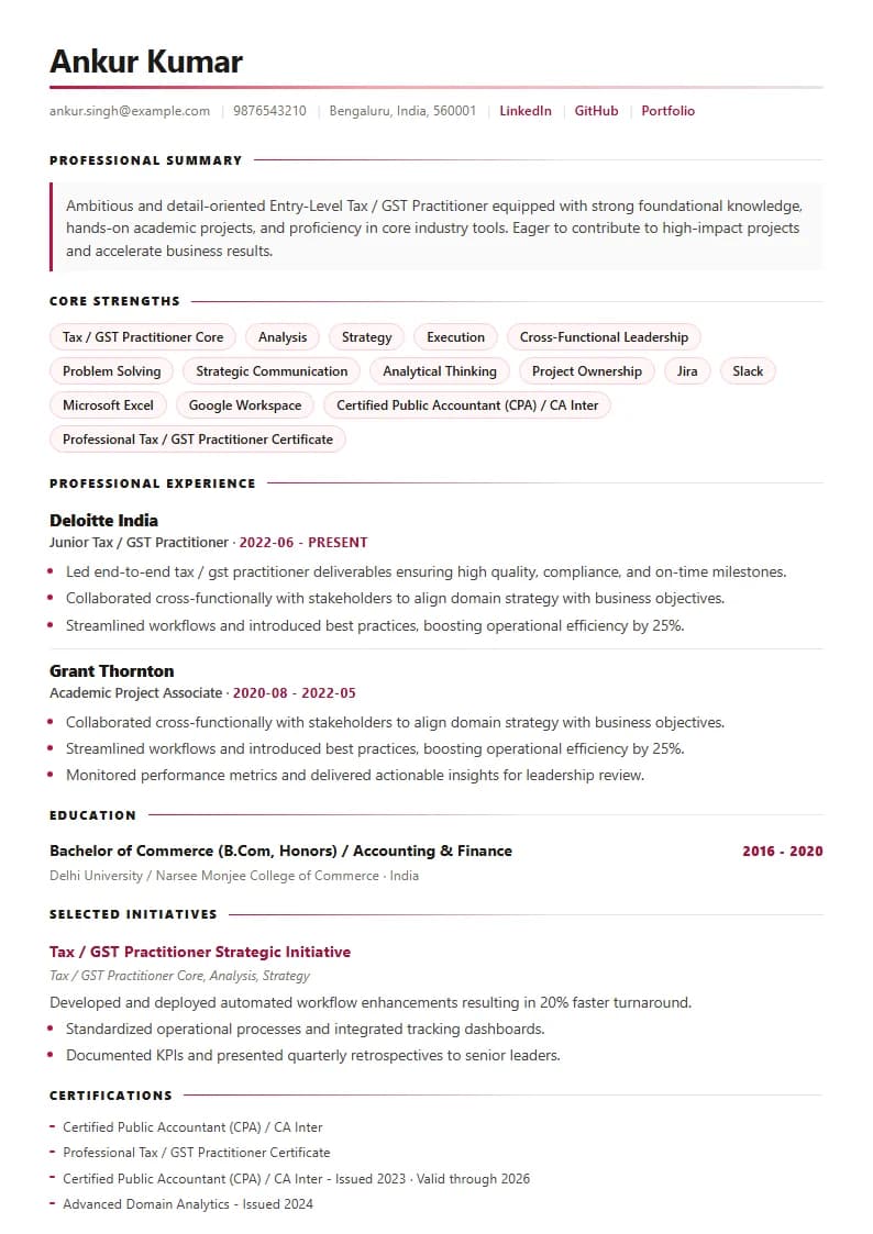 Entry-Level Tax / GST Practitioner Resume Example using Modern Professional template layout