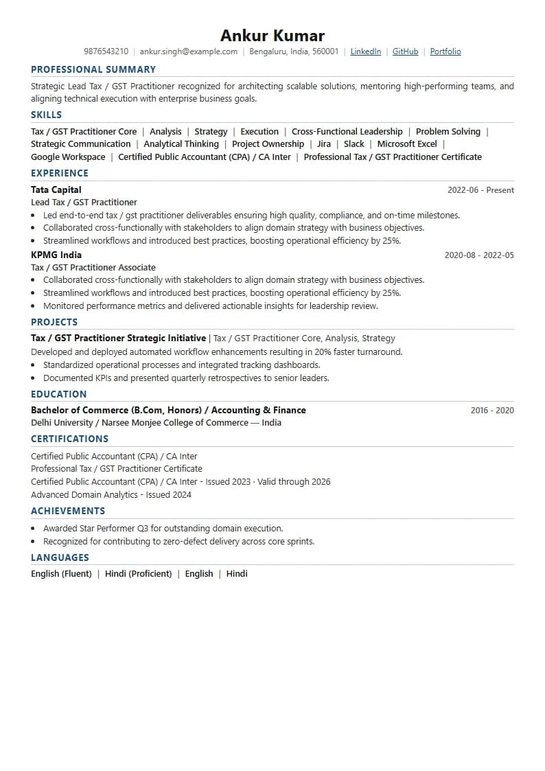 Lead Tax / GST Practitioner Resume Example using Silicon Teal Meridian template layout