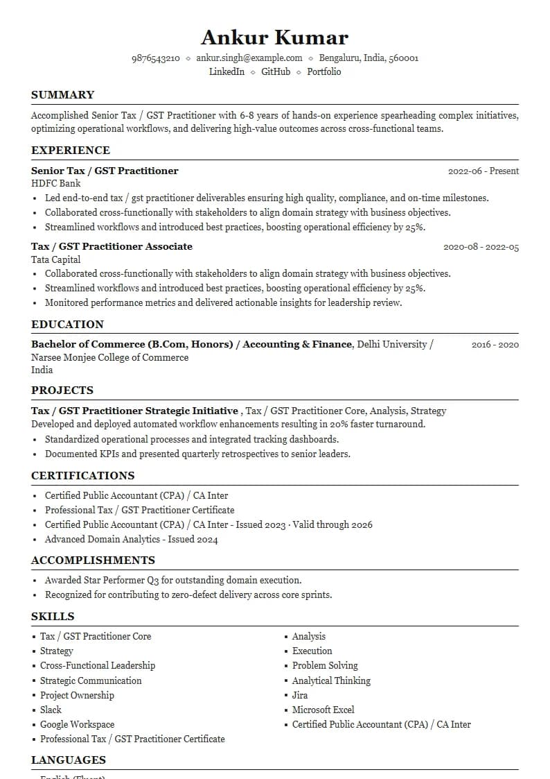 Senior Tax / GST Practitioner Resume Example using Executive Onyx Gold template layout