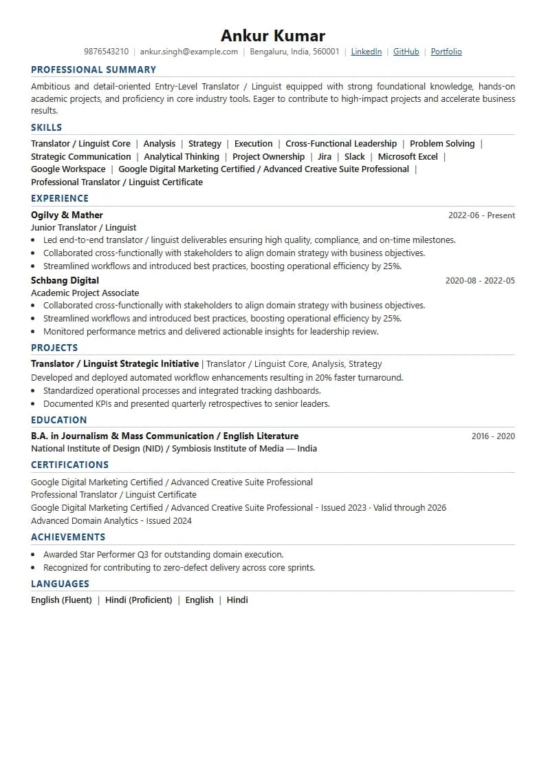 Entry-Level Translator / Linguist Resume Example using Executive Onyx Gold template layout