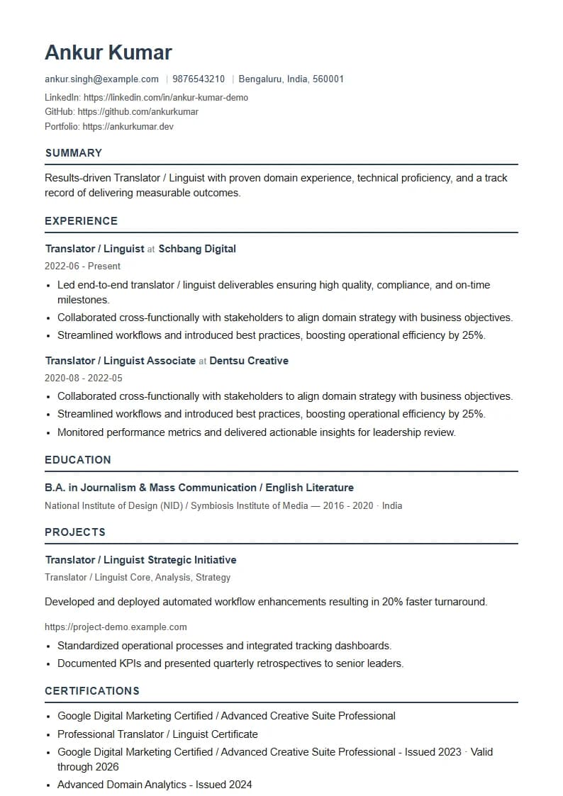 Translator / Linguist Resume Example using Silicon Teal Meridian template layout
