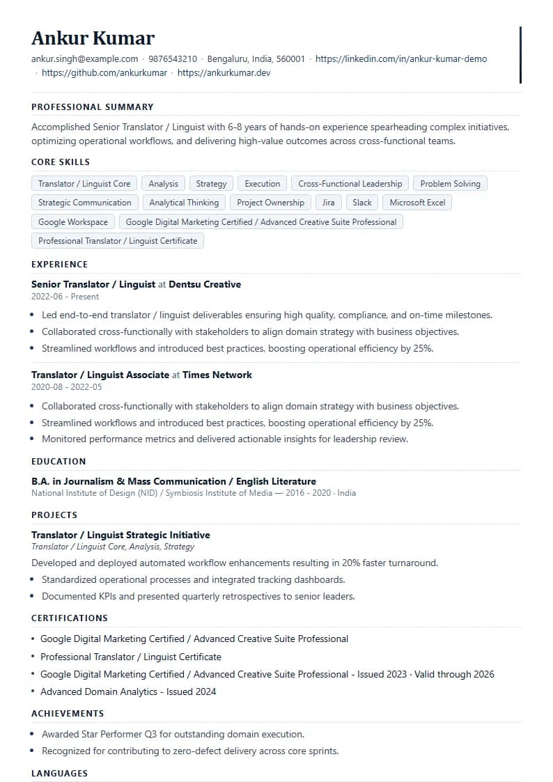 Senior Translator / Linguist Resume Example using Mercator Marketing Executive template layout