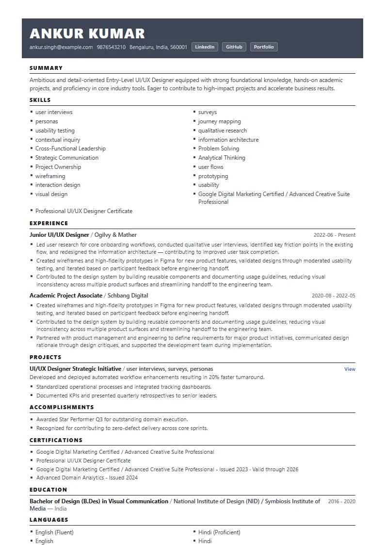 Entry-Level UI/UX Designer Resume Example using Timeless Serif Classic template layout