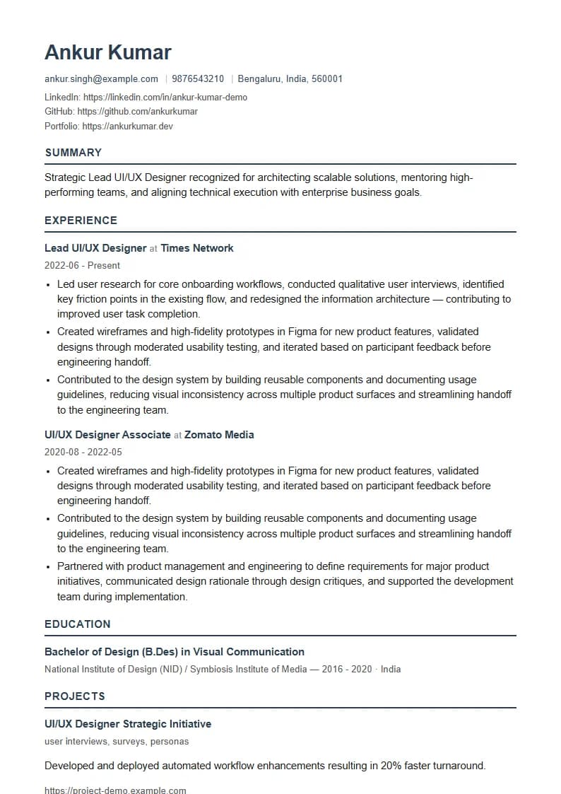 Lead UI/UX Designer Resume Example using Corporate Elite Resume template layout