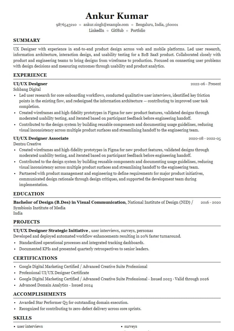 UI/UX Designer Resume Example using Compact Professional Azure template layout