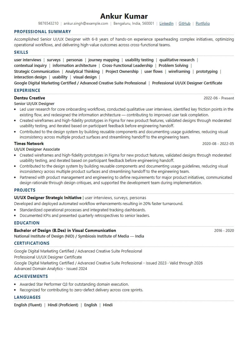 Senior UI/UX Designer Resume Example using Modern Professional template layout