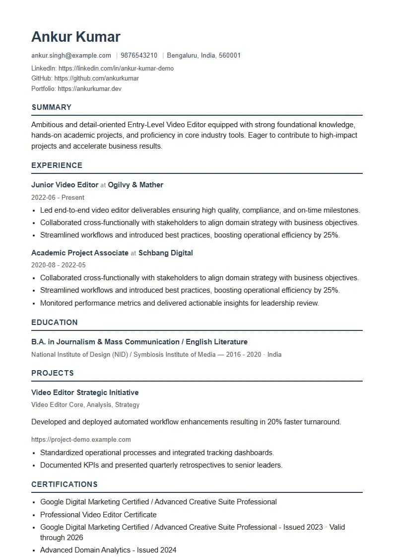 Entry-Level Video Editor Resume Example using Modern Professional template layout