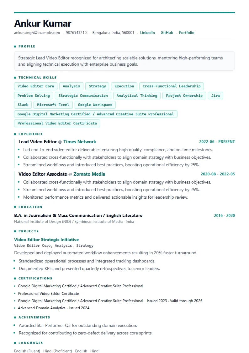 Lead Video Editor Resume Example using Silicon Teal Meridian template layout