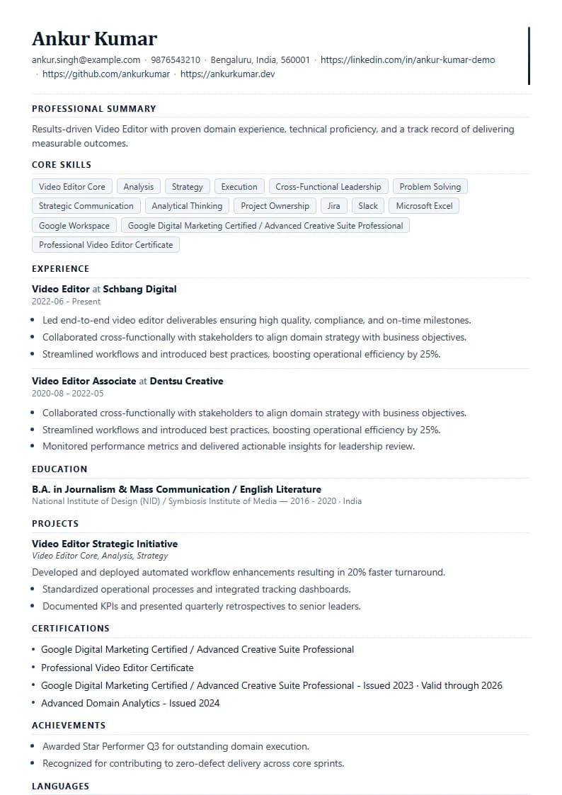 Video Editor Resume Example using Corporate Elite Resume template layout