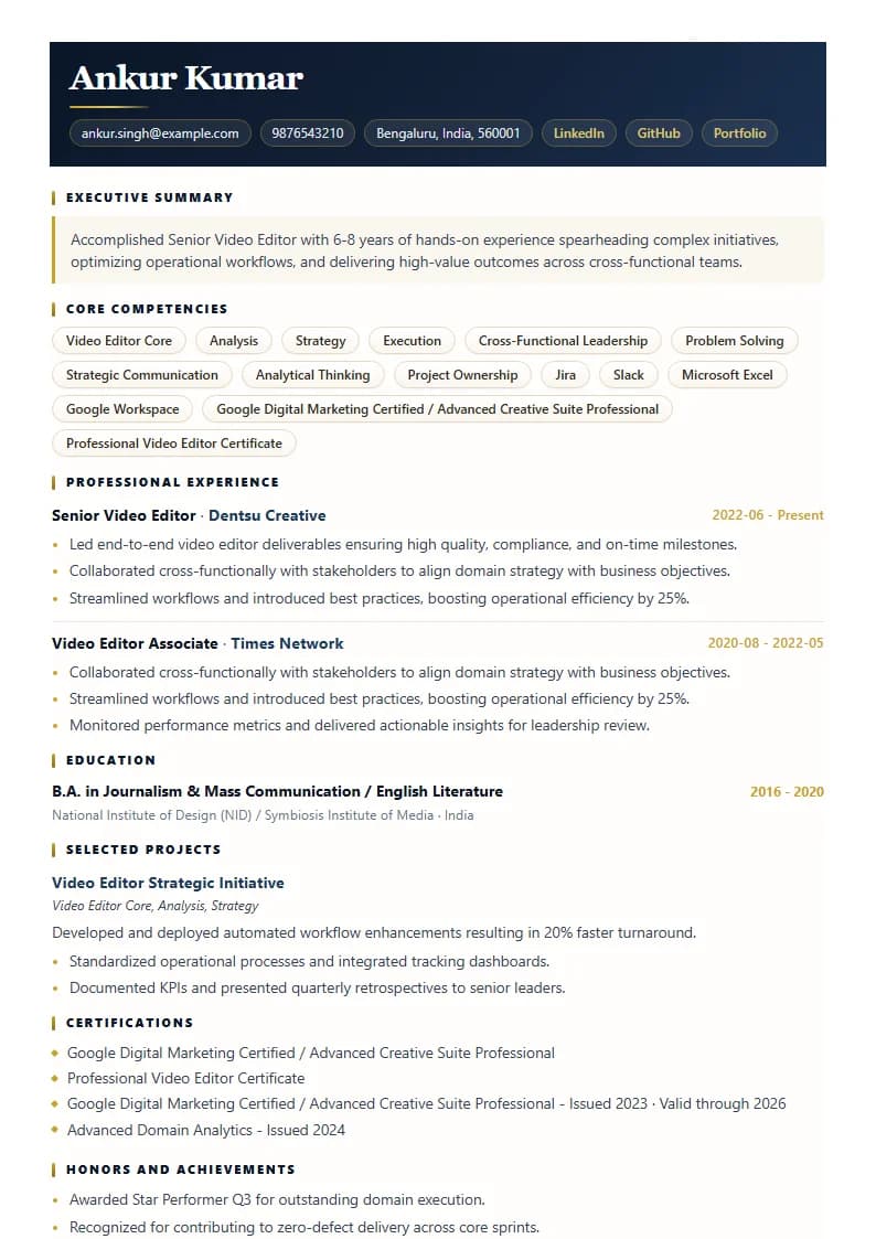 Senior Video Editor Resume Example using Executive Onyx Gold template layout